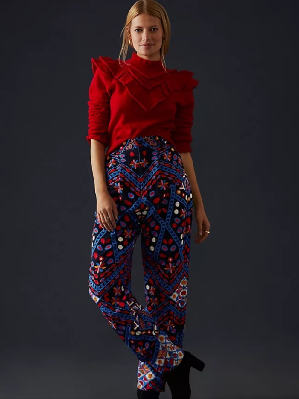 Farm Rio Embroidered Geometric Floral Print Pants - Navy, Red & Blue